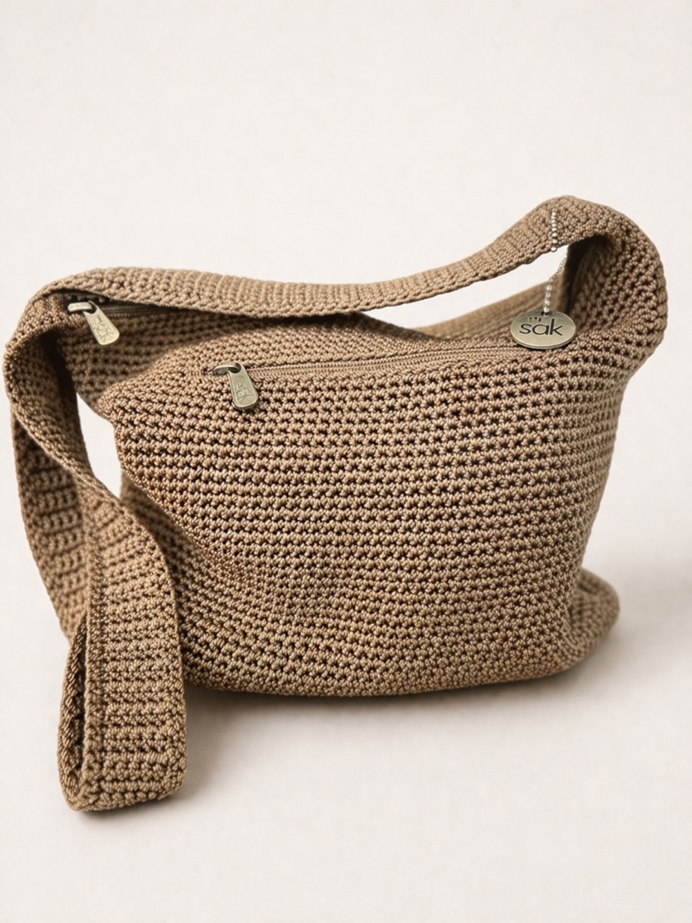 The Sak Crochet Knit Shoulder Bag Brown Boho Hobo Zip Closure